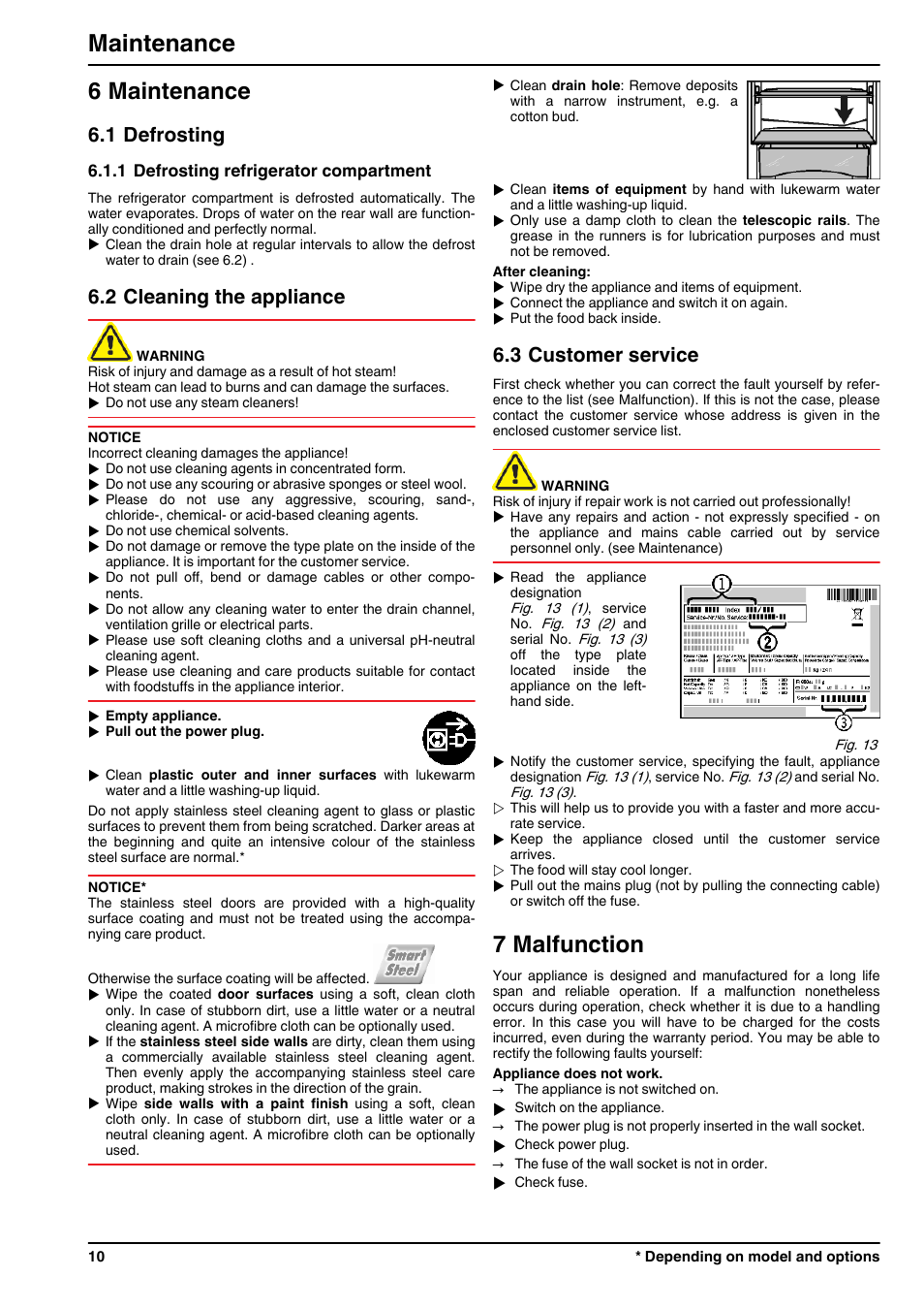 6maintenance, 1defrosting, 1defrosting refrigerator compartment | 2cleaning the appliance, 3customer service, 7malfunction, 6 maintenance, 7 malfunction, Maintenance, 1 defrosting | Liebherr KP 4220 Comfort User Manual | Page 10 / 12
