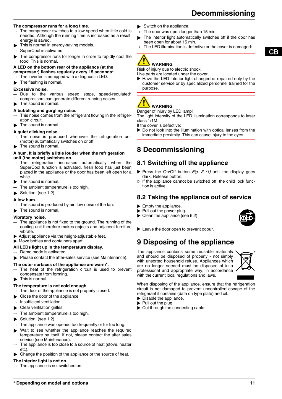 8decommissioning, 1switching off the appliance, 2taking the appliance out of service | 9disposing of the appliance, 8 decommissioning, 9 disposing of the appliance, Decommissioning, 1 switching off the appliance, 2 taking the appliance out of service | Liebherr KP 4220 Comfort User Manual | Page 11 / 12