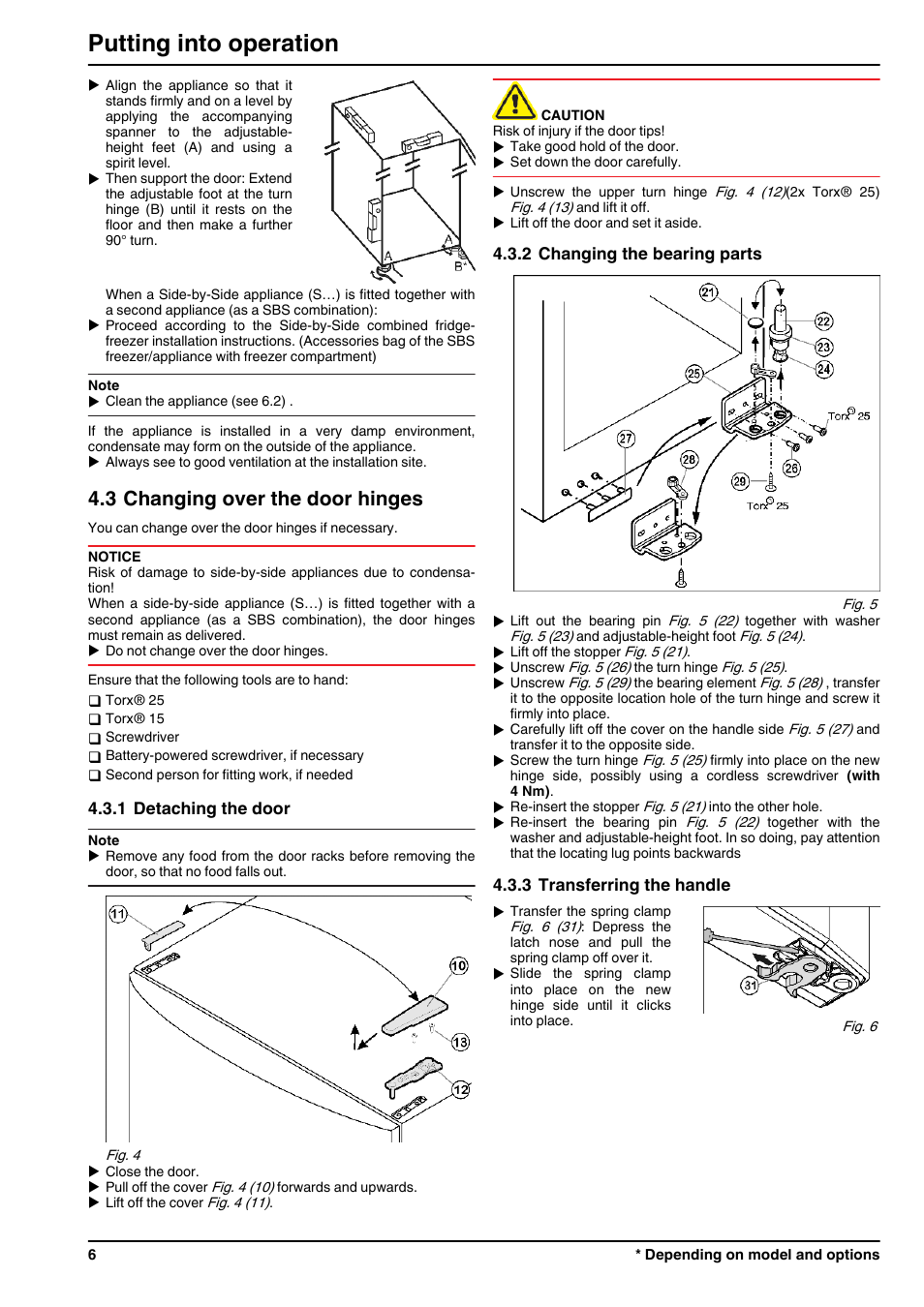3changing over the door hinges, 1detaching the door, 2changing the bearing parts | 3transferring the handle, Putting into operation, 3 changing over the door hinges | Liebherr KP 4220 Comfort User Manual | Page 6 / 12