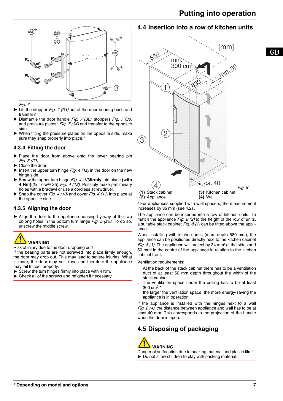 4fitting the door, 5aligning the door, 4insertion into a row of kitchen units | 5disposing of packaging, Putting into operation, 4 insertion into a row of kitchen units, 5 disposing of packaging | Liebherr KP 4220 Comfort User Manual | Page 7 / 12