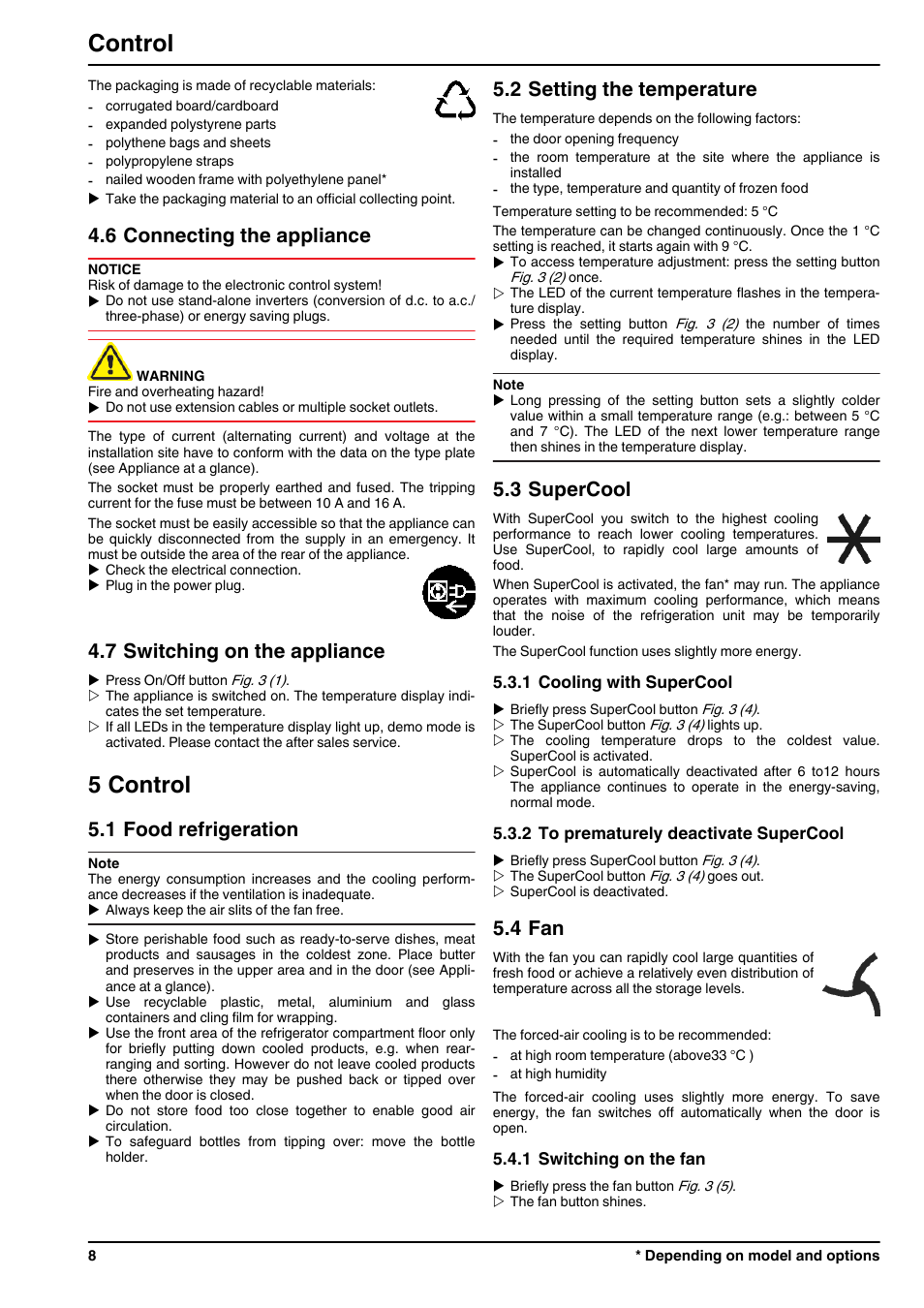 6connecting the appliance, 7switching on the appliance, 5control | 1food refrigeration, 2setting the temperature, 3supercool, 1cooling with supercool, 2to prematurely deactivate supercool, 4fan, 1switching on the fan | Liebherr KP 4220 Comfort User Manual | Page 8 / 12