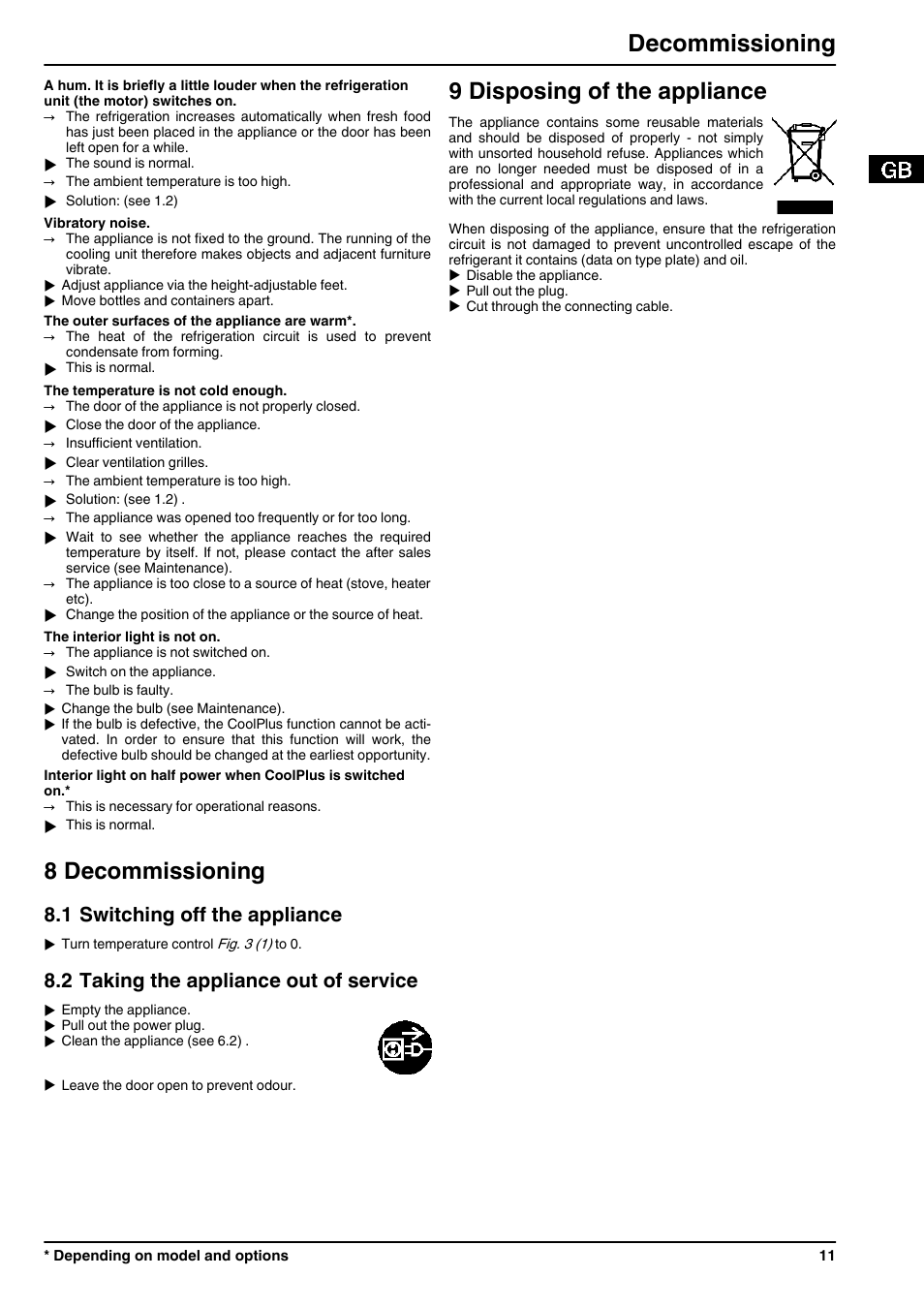 8decommissioning, 1switching off the appliance, 2taking the appliance out of service | 9disposing of the appliance, 8 decommissioning, 9 disposing of the appliance, Decommissioning, 1 switching off the appliance, 2 taking the appliance out of service | Liebherr TPesf 1710 Comfort User Manual | Page 11 / 12