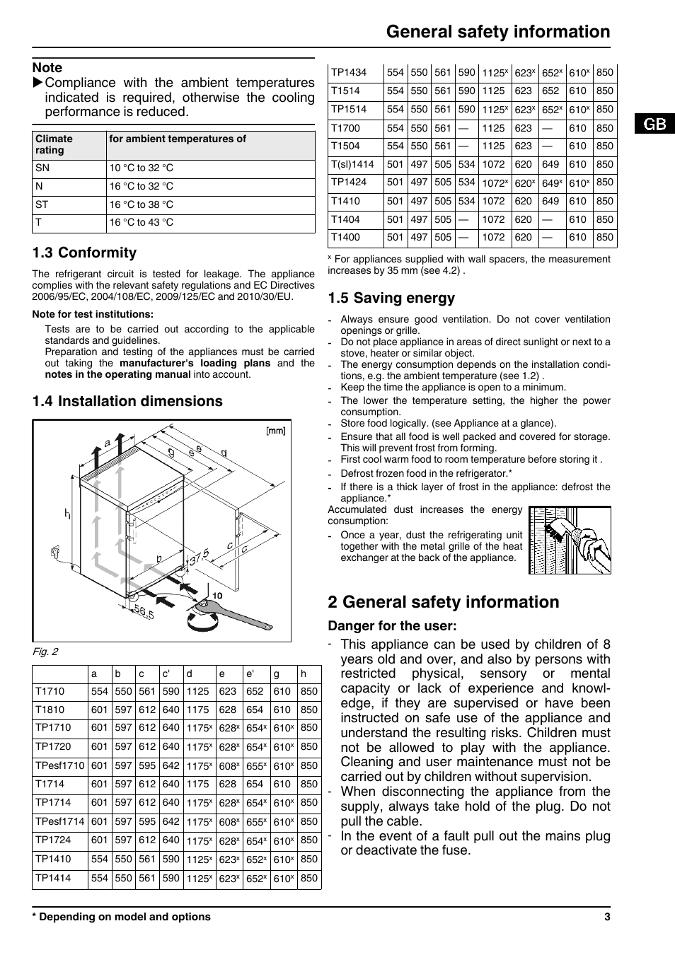 3conformity, 4installation dimensions, 5saving energy | 2general safety information, 2 general safety information, General safety information, 3 conformity, 4 installation dimensions, 5 saving energy, Danger for the user | Liebherr TPesf 1710 Comfort User Manual | Page 3 / 12