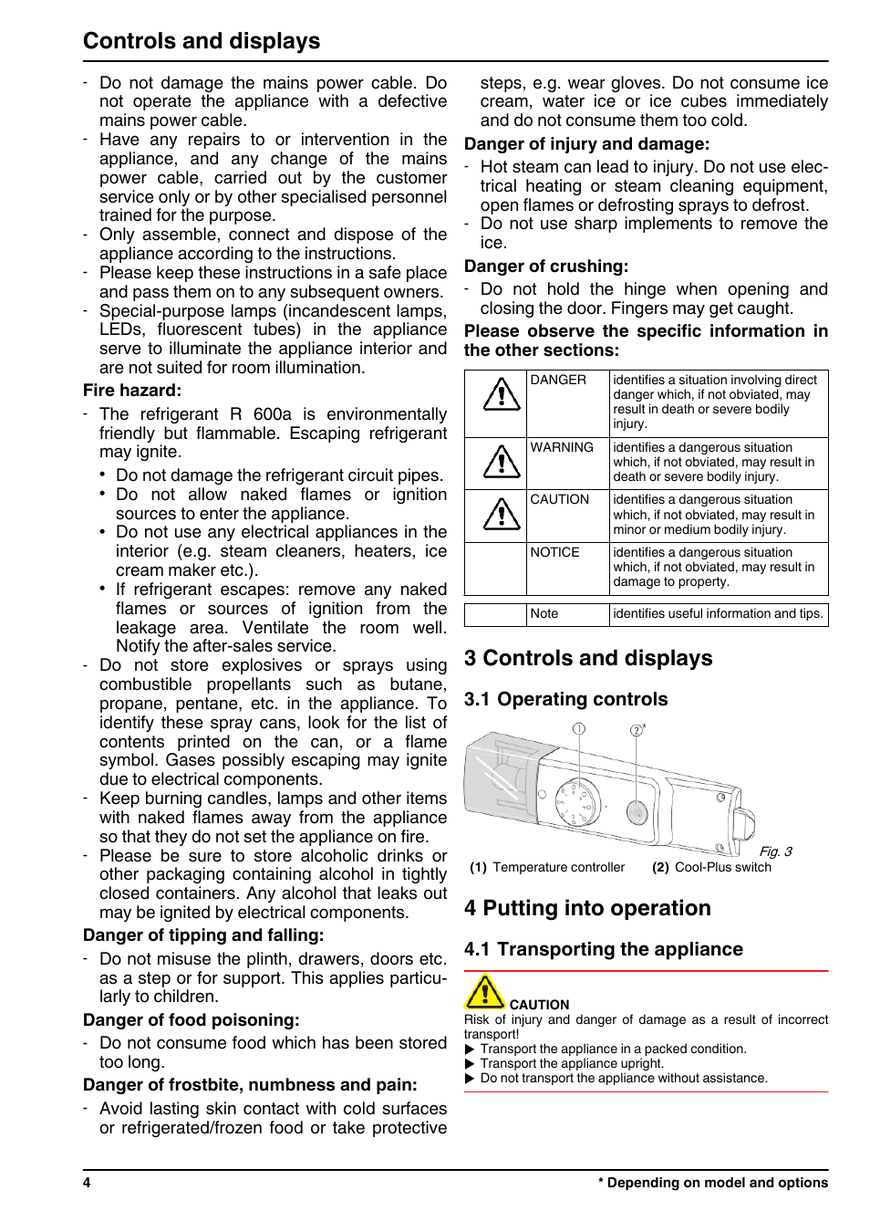3controls and displays, 1operating controls, 4putting into operation | 1transporting the appliance, 3 controls and displays, 4 putting into operation, Controls and displays | Liebherr TPesf 1710 Comfort User Manual | Page 4 / 12