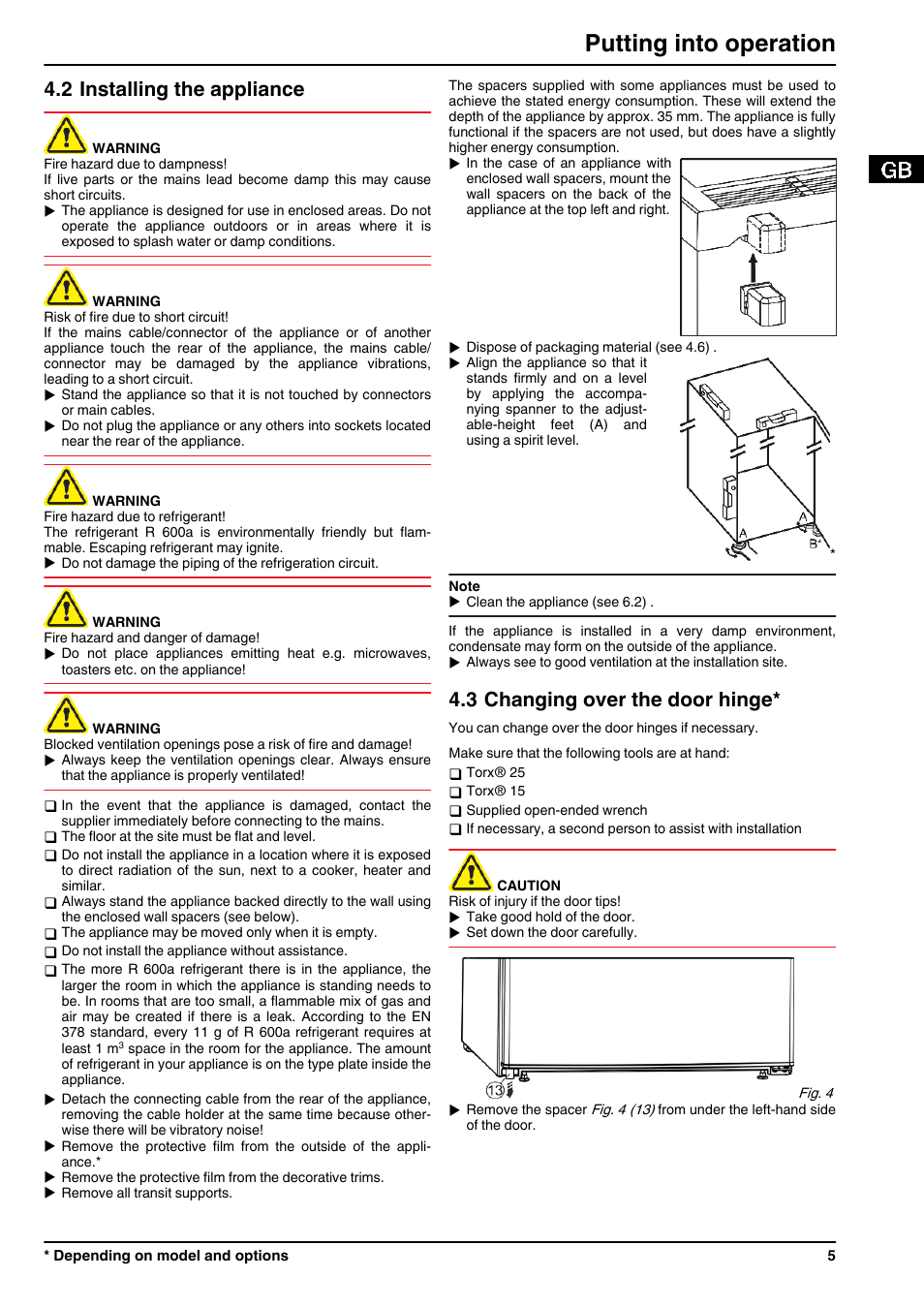 2installing the appliance, 3changing over the door hinge, Putting into operation | 2 installing the appliance, 3 changing over the door hinge | Liebherr TPesf 1710 Comfort User Manual | Page 5 / 12