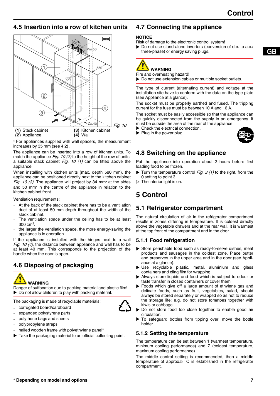 5insertion into a row of kitchen units, 6disposing of packaging, 7connecting the appliance | 8switching on the appliance, 5control, 1refrigerator compartment, 1food refrigeration, 2setting the temperature, 5 control, Control | Liebherr TPesf 1710 Comfort User Manual | Page 7 / 12