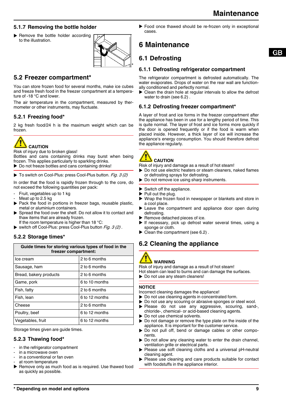 7removing the bottle holder, 2freezer compartment, 1freezing food | 2storage times, 3thawing food, 6maintenance, 1defrosting, 1defrosting refrigerator compartment, 2defrosting freezer compartment, 2cleaning the appliance | Liebherr TPesf 1710 Comfort User Manual | Page 9 / 12