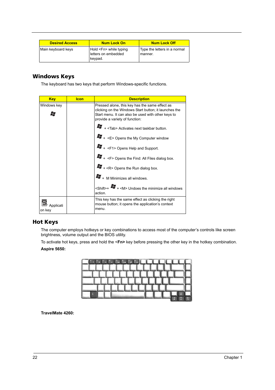 Windows keys, Hot keys | Acer 4260 User Manual | Page 28 / 117