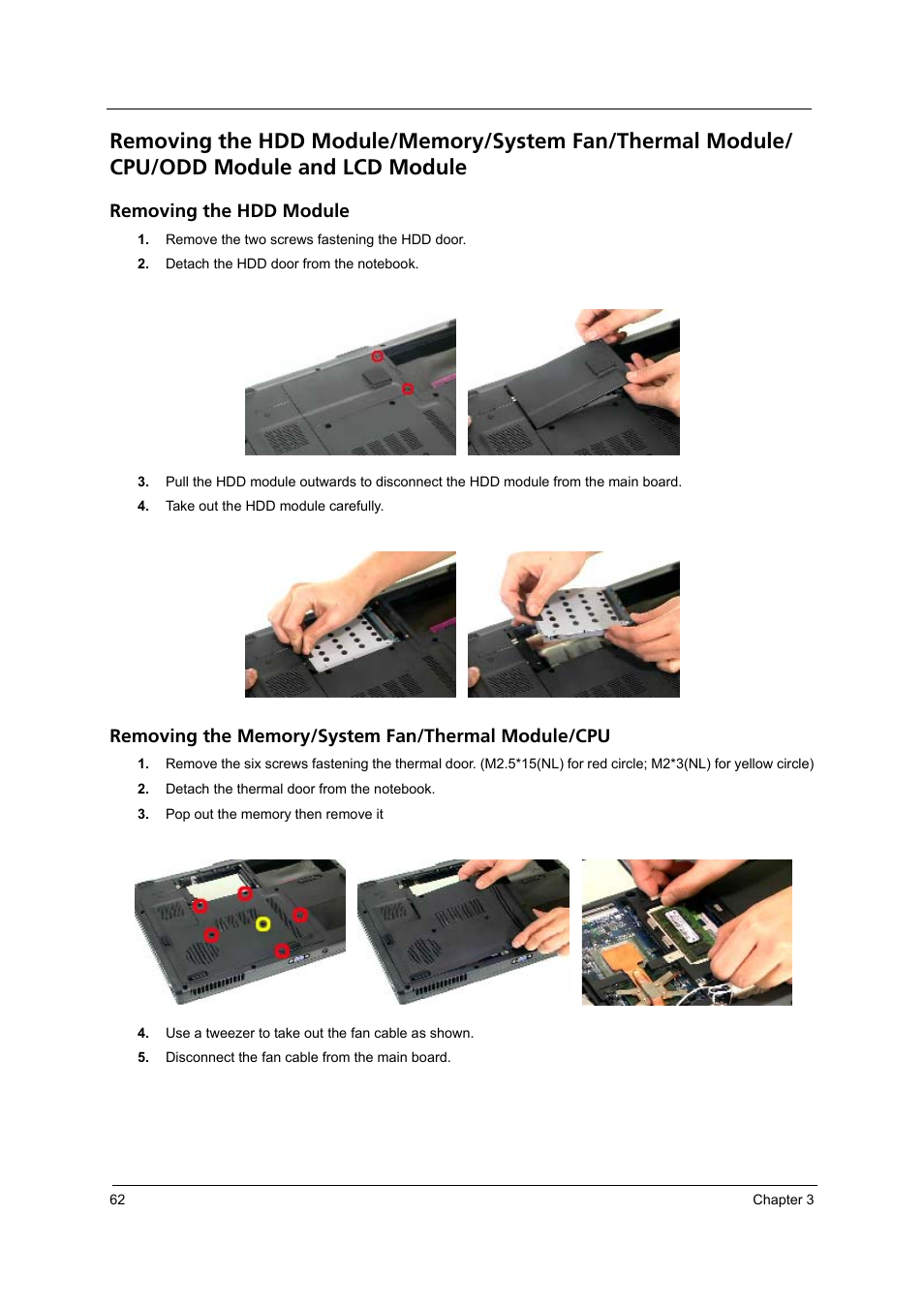 Removing the hdd module, Removing the memory/system fan/thermal module/cpu | Acer 4260 User Manual | Page 68 / 117