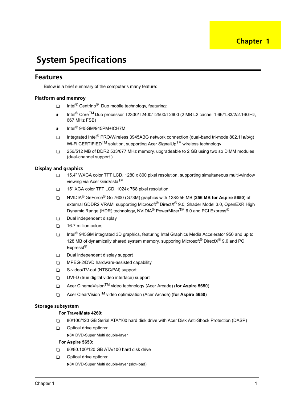Features, System specifications, Chapter 1 | Acer 4260 User Manual | Page 7 / 117