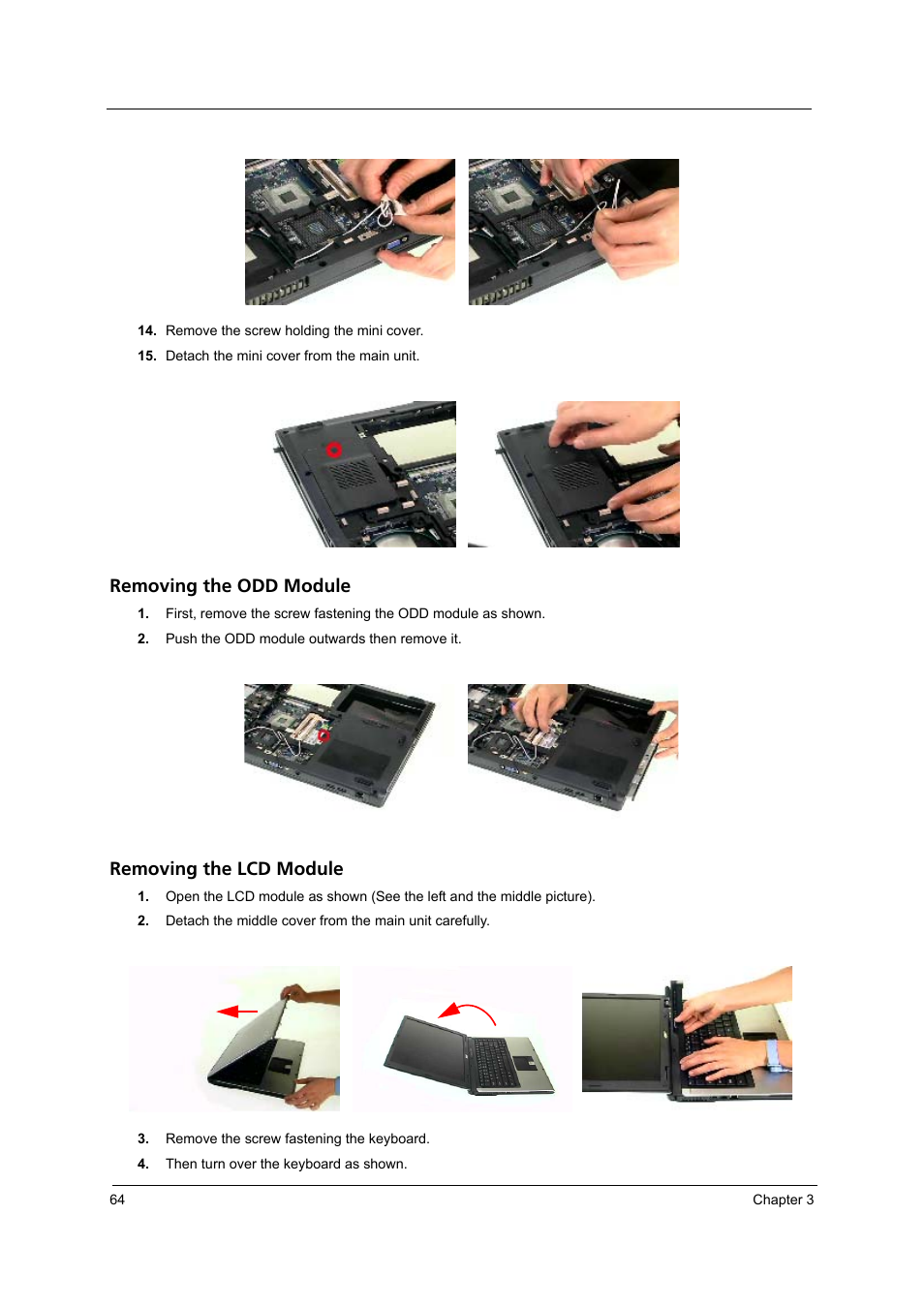 Removing the odd module, Removing the lcd module | Acer 4260 User Manual | Page 70 / 117