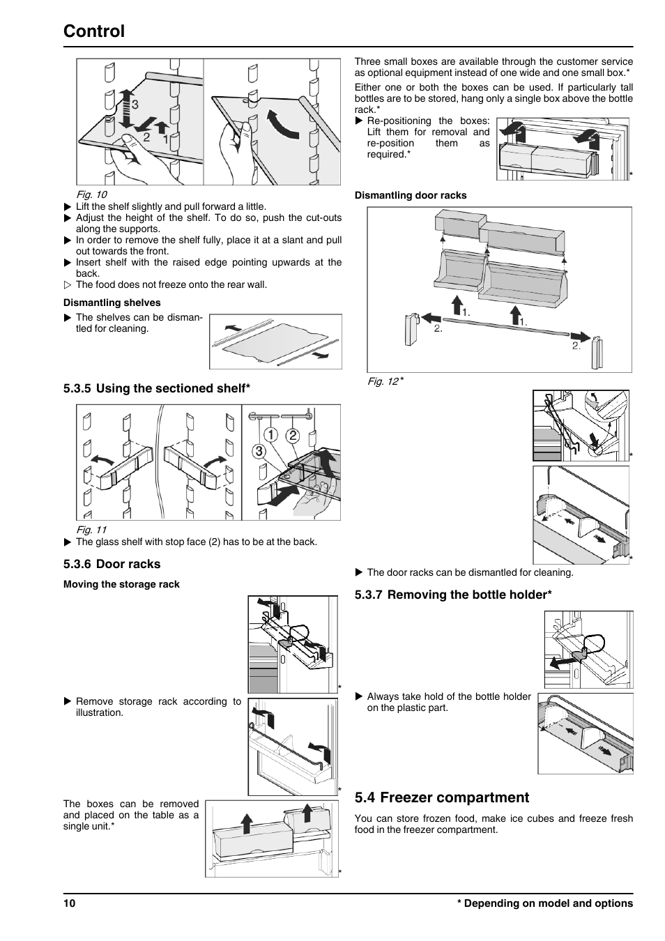 5using the sectioned shelf, 6door racks, 7removing the bottle holder | 4freezer compartment, Control, 4 freezer compartment | Liebherr CNPesf 3913 Comfort NoFrost User Manual | Page 10 / 16