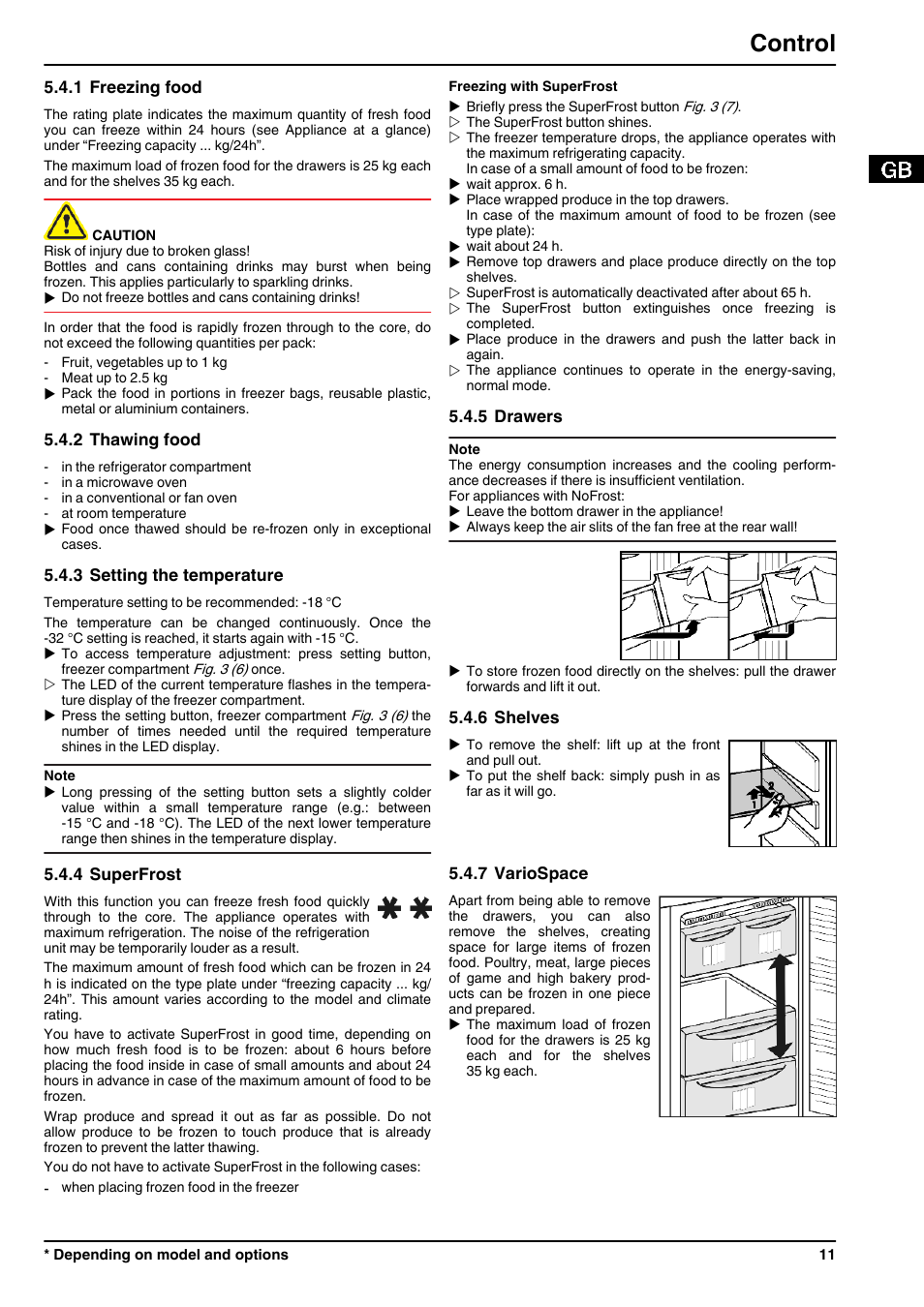 1freezing food, 2thawing food, 3setting the temperature | 4superfrost, 5drawers, 6shelves, 7variospace, Control | Liebherr CNPesf 3913 Comfort NoFrost User Manual | Page 11 / 16