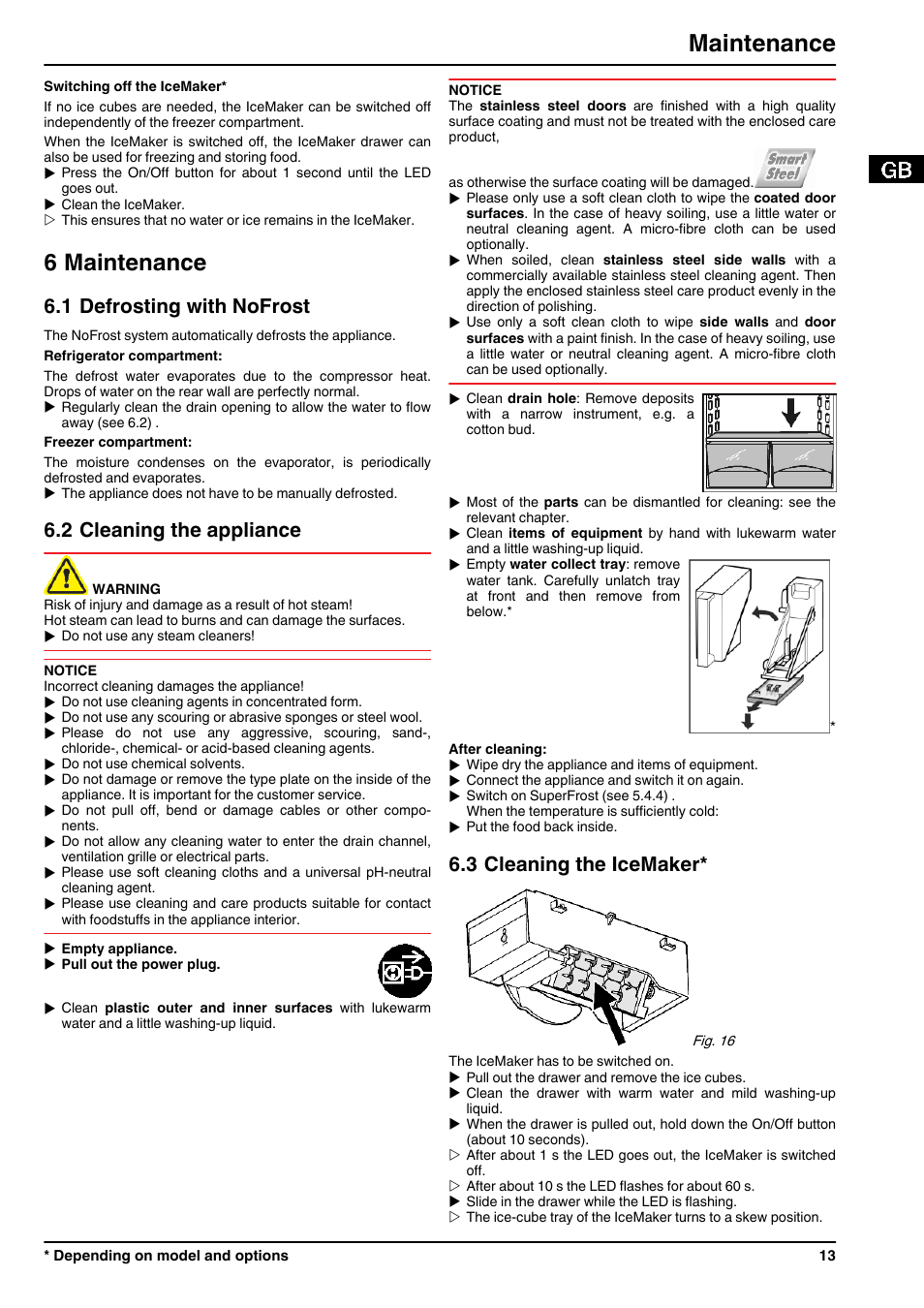 6maintenance, 1defrosting with nofrost, 2cleaning the appliance | 3cleaning the icemaker, 6 maintenance, Maintenance, 1 defrosting with nofrost, 2 cleaning the appliance, 3 cleaning the icemaker | Liebherr CNPesf 3913 Comfort NoFrost User Manual | Page 13 / 16
