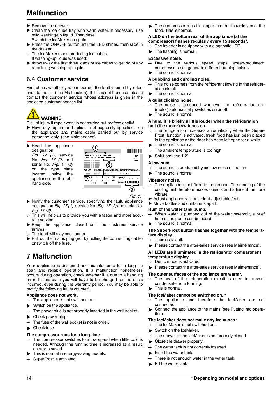 4customer service, 7malfunction, 7 malfunction | Malfunction, 4 customer service | Liebherr CNPesf 3913 Comfort NoFrost User Manual | Page 14 / 16