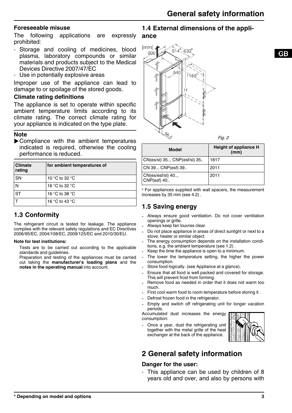 3conformity, 4external dimensions of the appliance, 5saving energy | 2general safety information, 2 general safety information, General safety information, 3 conformity, 4 external dimensions of the appli- ance, 5 saving energy | Liebherr CNPesf 3913 Comfort NoFrost User Manual | Page 3 / 16