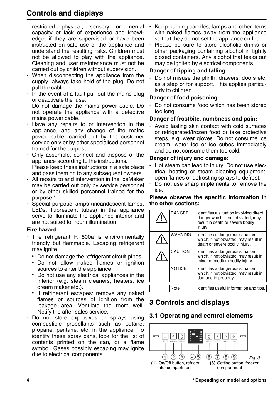 3controls and displays, 1operating and control elements, 3 controls and displays | Controls and displays | Liebherr CNPesf 3913 Comfort NoFrost User Manual | Page 4 / 16