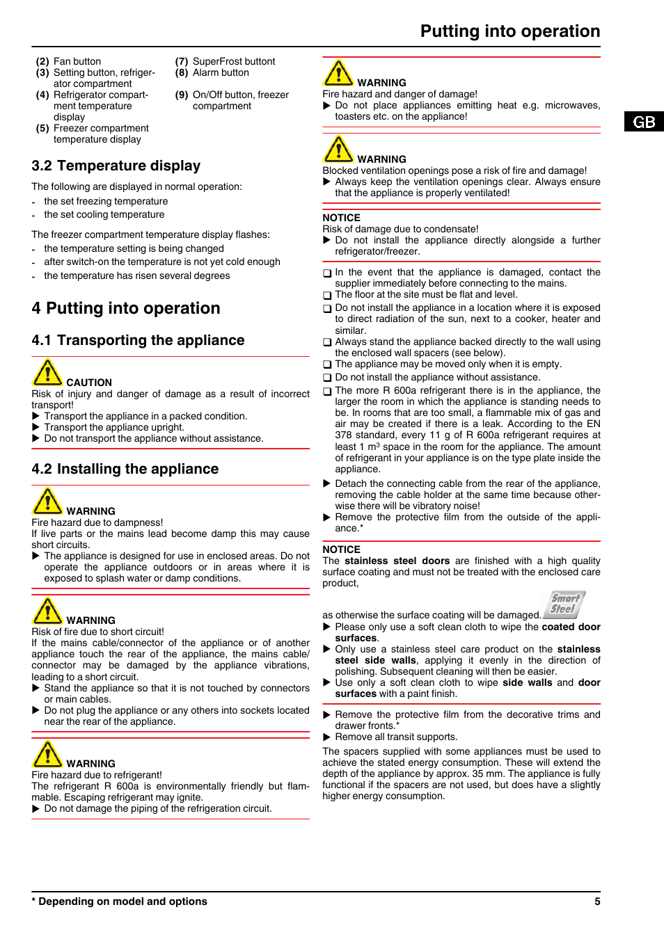 2temperature display, 4putting into operation, 1transporting the appliance | 2installing the appliance, 4 putting into operation, Putting into operation, 2 temperature display, 1 transporting the appliance, 2 installing the appliance | Liebherr CNPesf 3913 Comfort NoFrost User Manual | Page 5 / 16