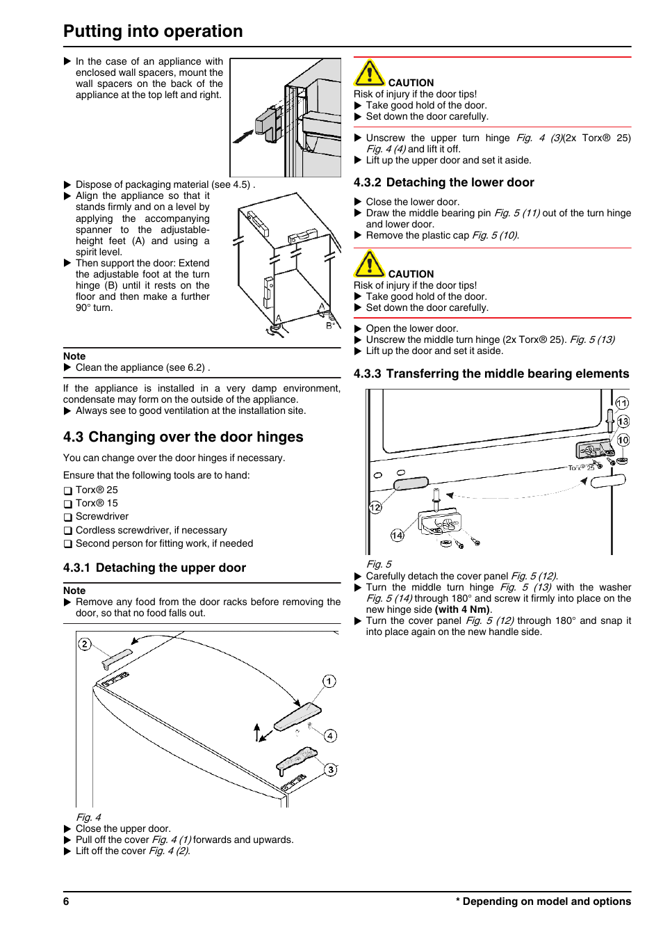 3changing over the door hinges, 1detaching the upper door, 2detaching the lower door | 3transferring the middle bearing elements, Putting into operation, 3 changing over the door hinges | Liebherr CNPesf 3913 Comfort NoFrost User Manual | Page 6 / 16
