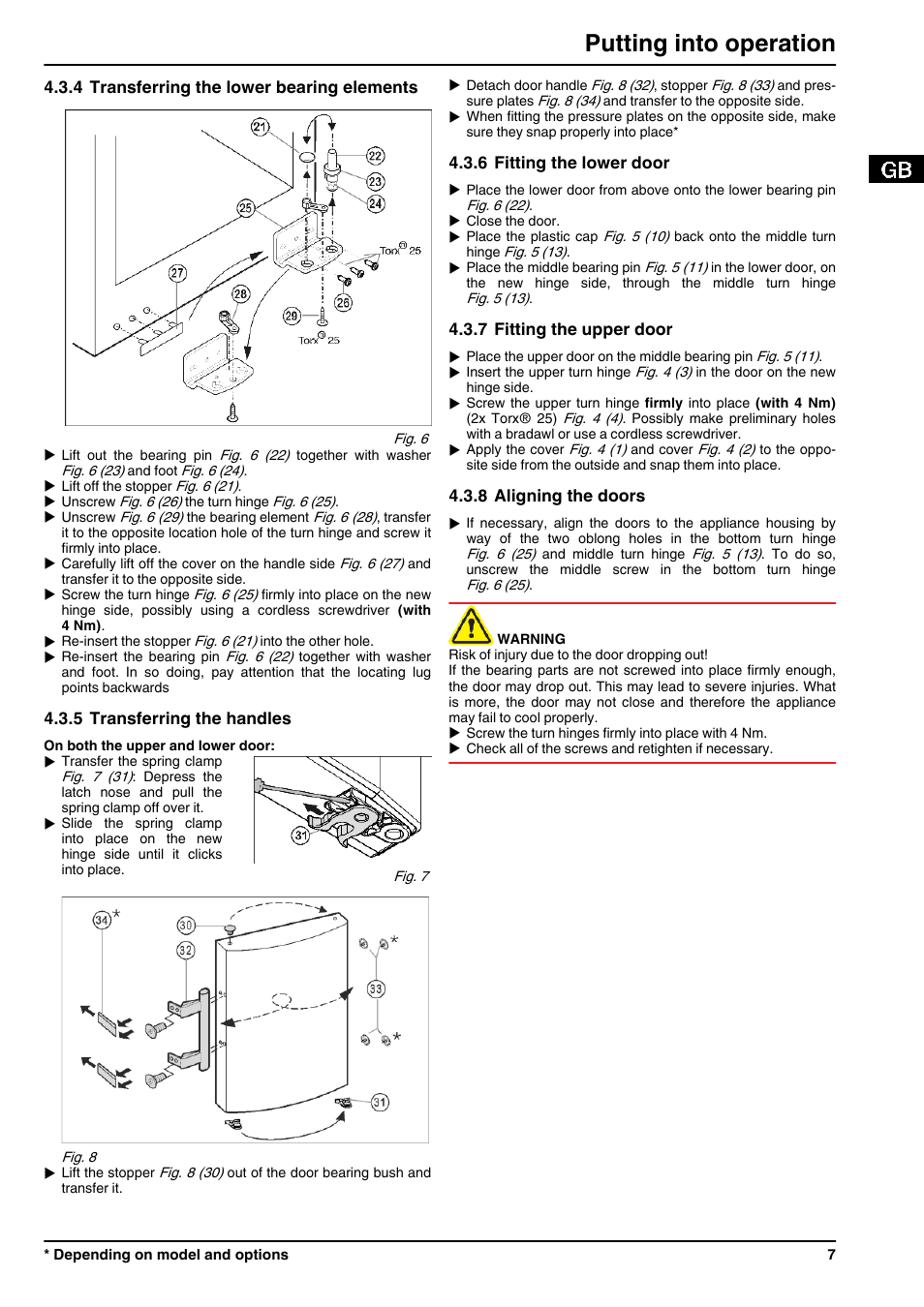 4transferring the lower bearing elements, 5transferring the handles, 6fitting the lower door | 7fitting the upper door, 8aligning the doors, Putting into operation | Liebherr CNPesf 3913 Comfort NoFrost User Manual | Page 7 / 16