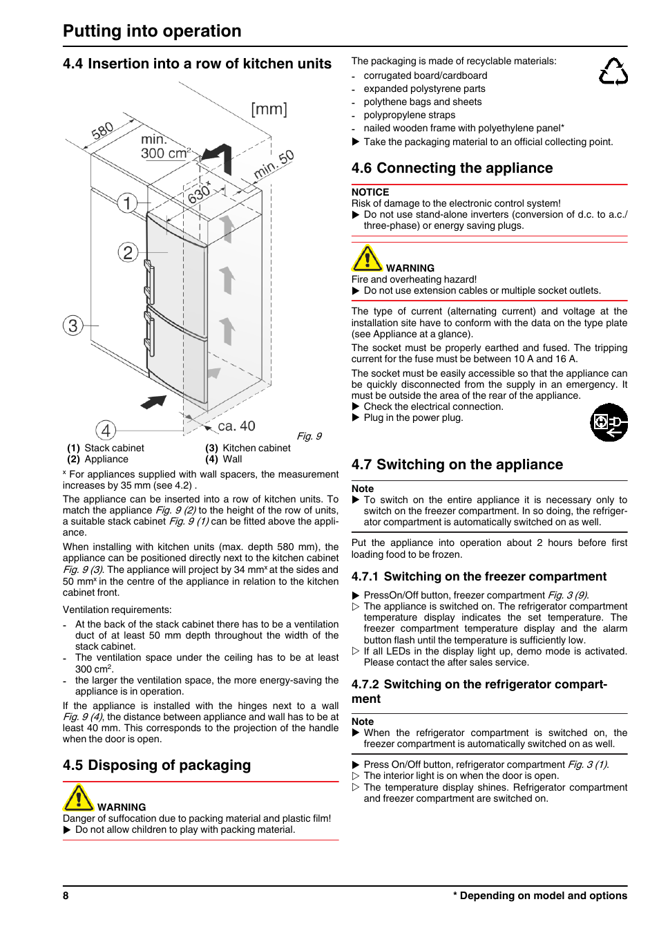 4insertion into a row of kitchen units, 5disposing of packaging, 6connecting the appliance | 7switching on the appliance, 1switching on the freezer compartment, 2switching on the refrigerator compartment, Putting into operation, 4 insertion into a row of kitchen units, 5 disposing of packaging, 6 connecting the appliance | Liebherr CNPesf 3913 Comfort NoFrost User Manual | Page 8 / 16