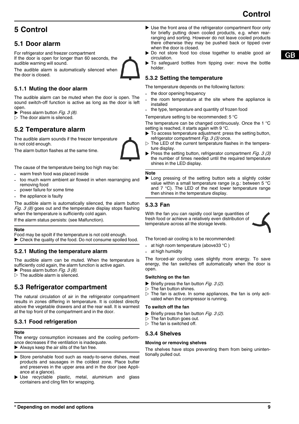 5control, 1door alarm, 1muting the door alarm | 2temperature alarm, 1muting the temperature alarm, 3refrigerator compartment, 1food refrigeration, 2setting the temperature, 3fan, 4shelves | Liebherr CNPesf 3913 Comfort NoFrost User Manual | Page 9 / 16