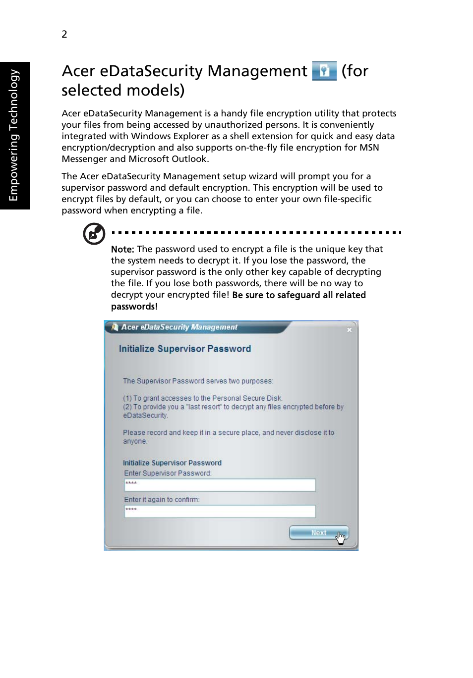 Acer edatasecurity management, For selected models) | Acer 5610 User Manual | Page 16 / 93