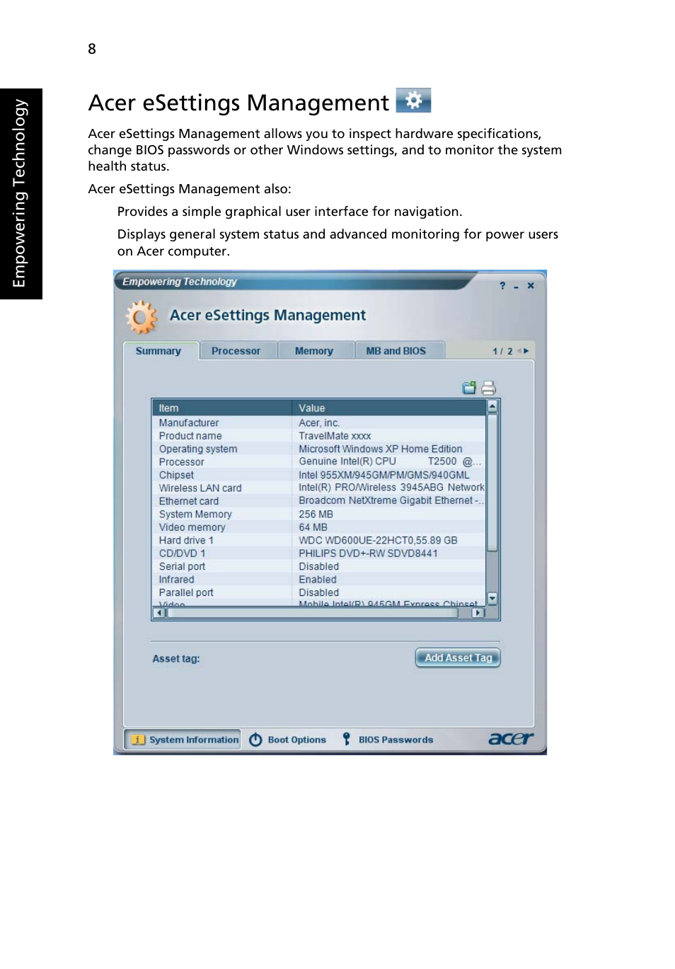 Acer esettings management | Acer 5610 User Manual | Page 22 / 93