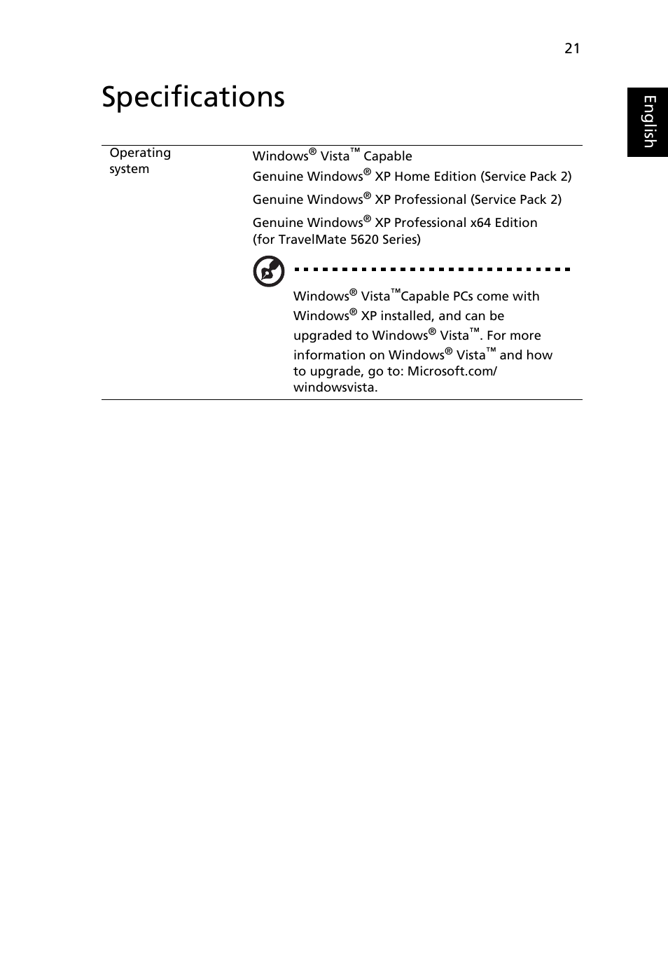 Specifications, Eng lis h | Acer 5610 User Manual | Page 35 / 93