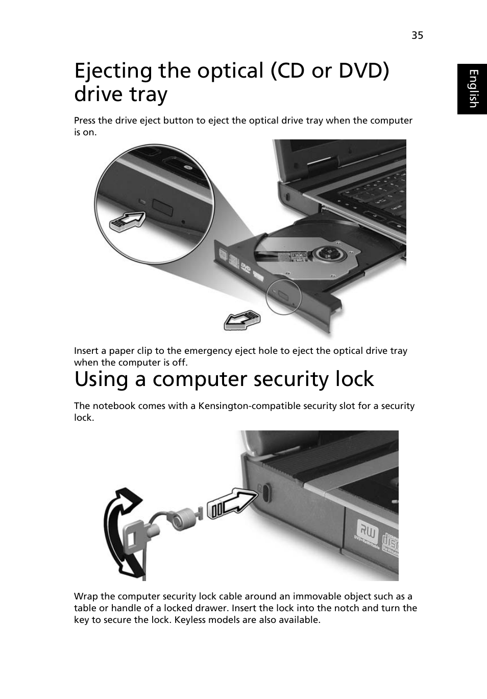 Ejecting the optical (cd or dvd) drive tray, Using a computer security lock | Acer 5610 User Manual | Page 49 / 93