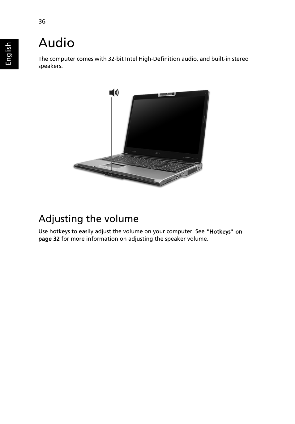 Audio, Adjusting the volume | Acer 5610 User Manual | Page 50 / 93