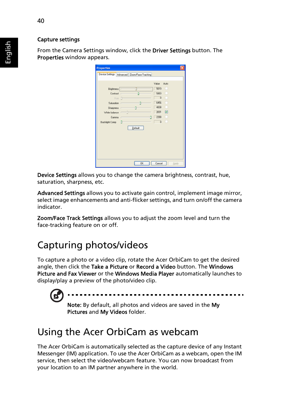 Capturing photos/videos, Using the acer orbicam as webcam | Acer 5610 User Manual | Page 54 / 93