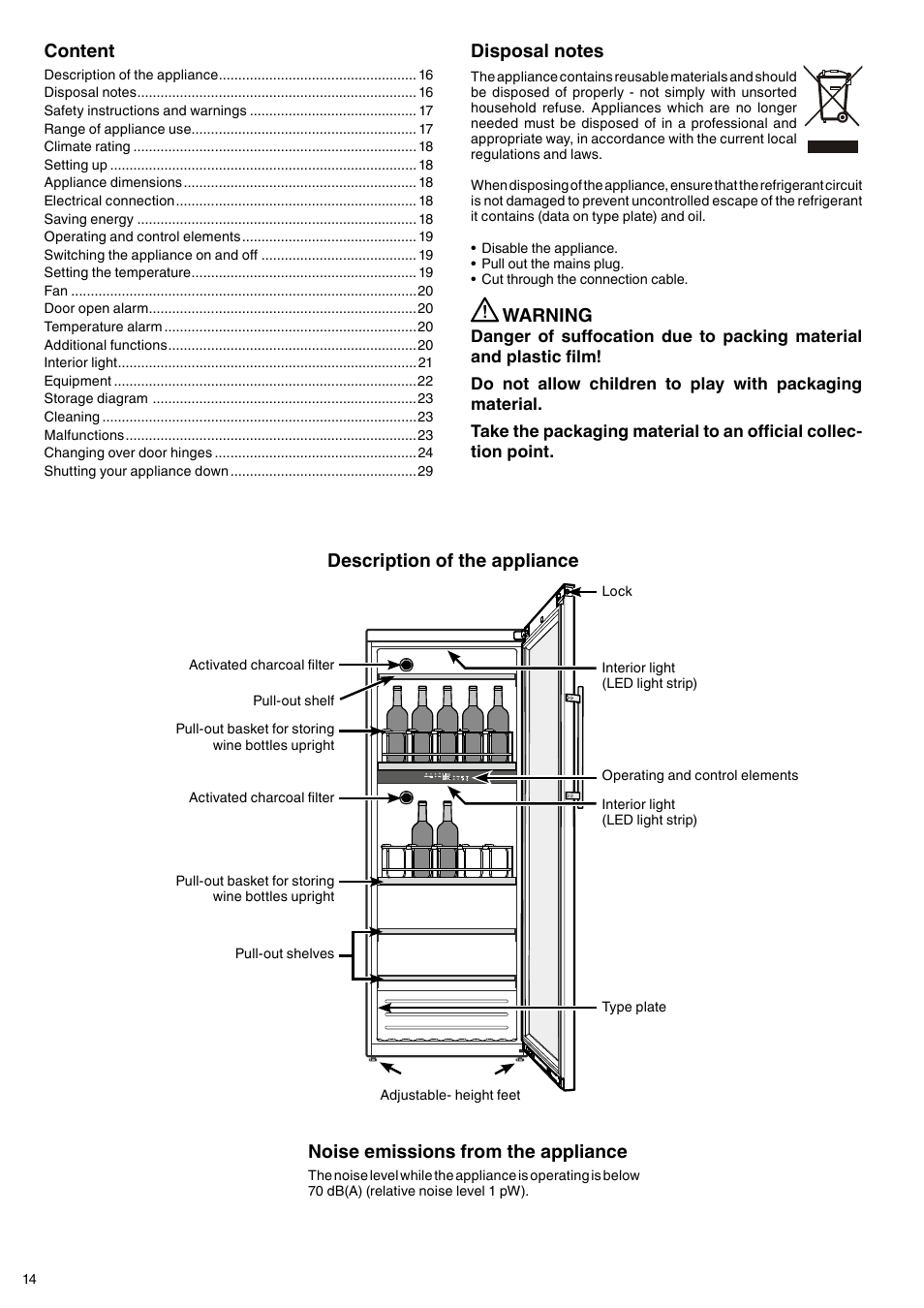 Description of the appliance, Warning, Content | Noise emissions from the appliance | Liebherr WTpes 5972 Vinidor User Manual | Page 2 / 13