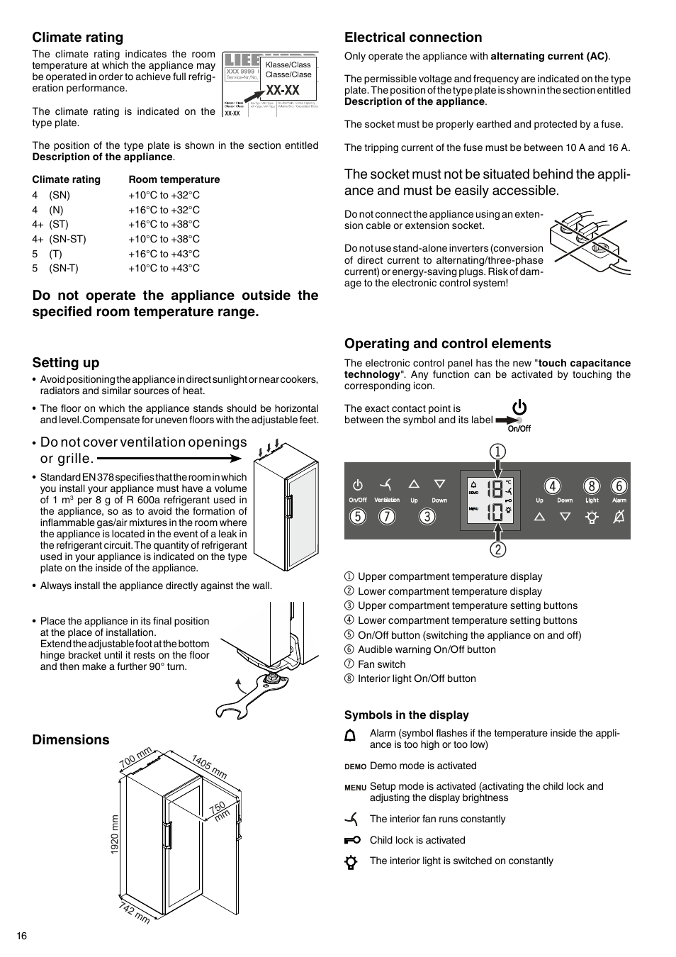 Operating and control elements, Electrical connection, Climate rating | Do not cover ventilation openings or grille, Dimensions | Liebherr WTpes 5972 Vinidor User Manual | Page 4 / 13