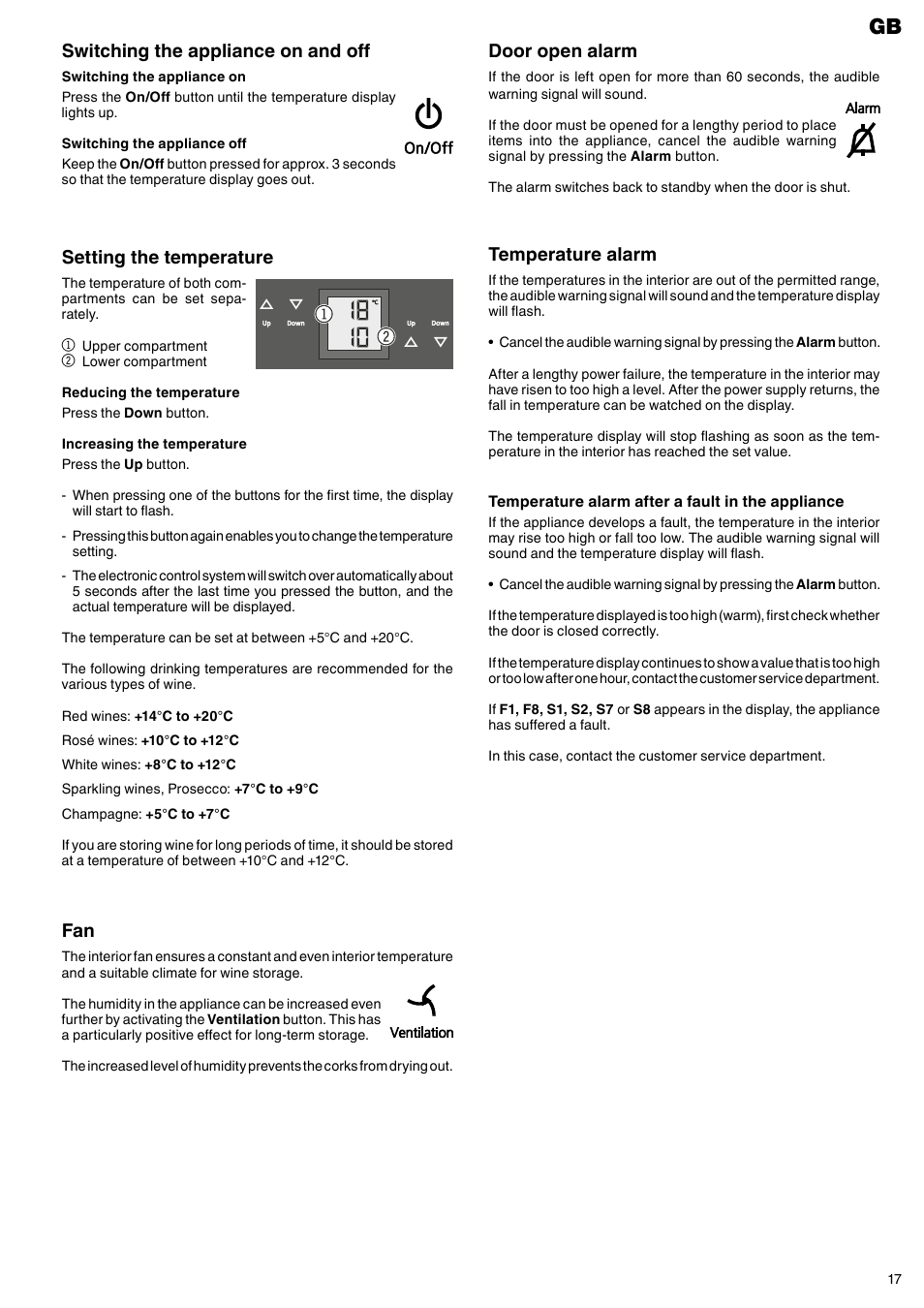 Door open alarm, Temperature alarm, Setting the temperature | Switching the appliance on and off | Liebherr WTpes 5972 Vinidor User Manual | Page 5 / 13