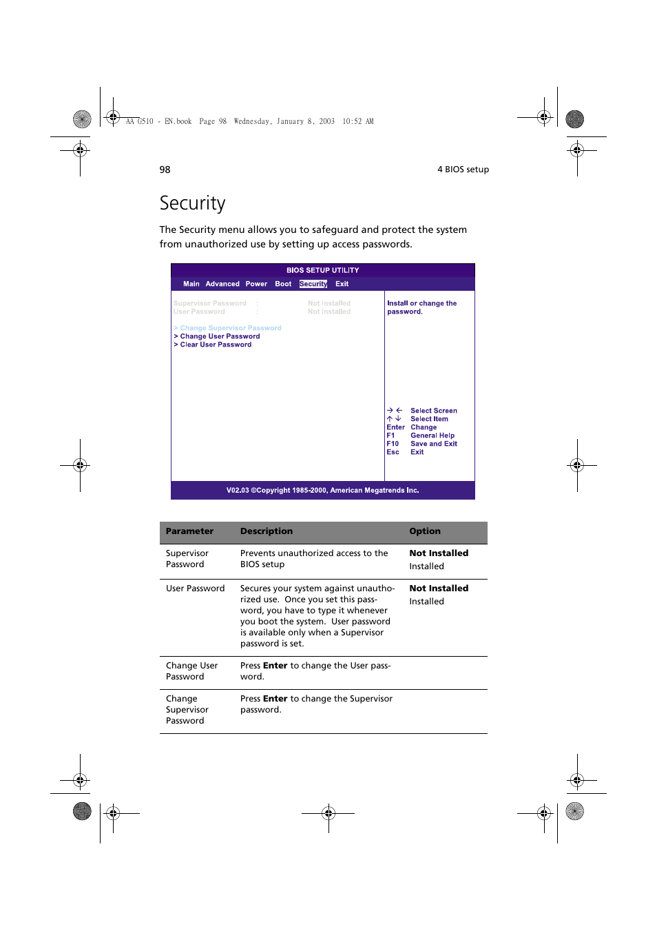 Security | Acer Altos G510 series User Manual | Page 108 / 134