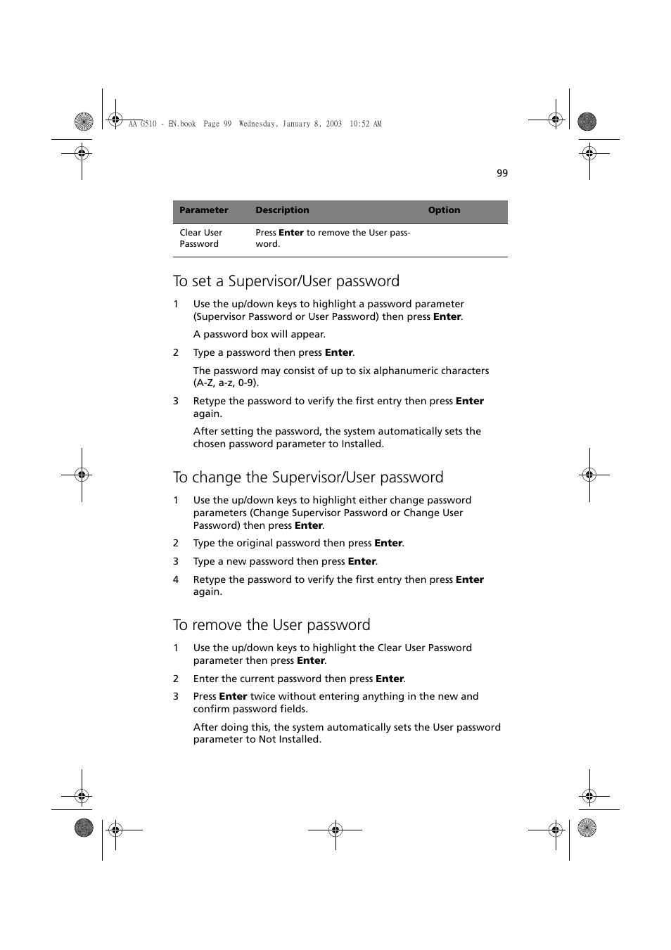To set a supervisor/user password, To change the supervisor/user password, To remove the user password | Acer Altos G510 series User Manual | Page 109 / 134