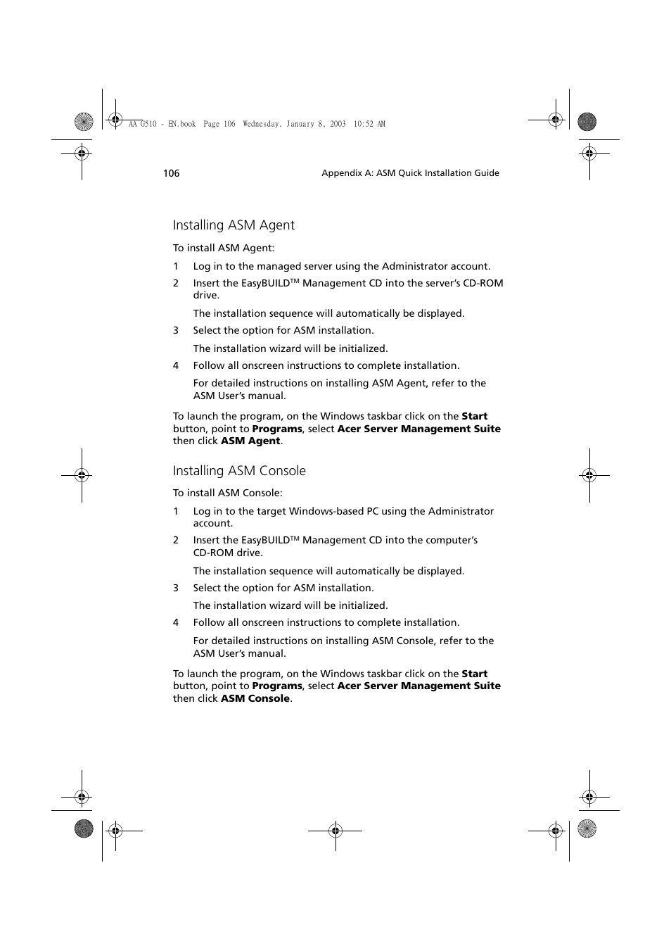 Installing asm agent, Installing asm console | Acer Altos G510 series User Manual | Page 116 / 134