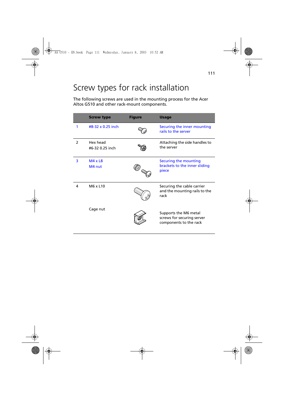 Screw types for rack installation | Acer Altos G510 series User Manual | Page 121 / 134