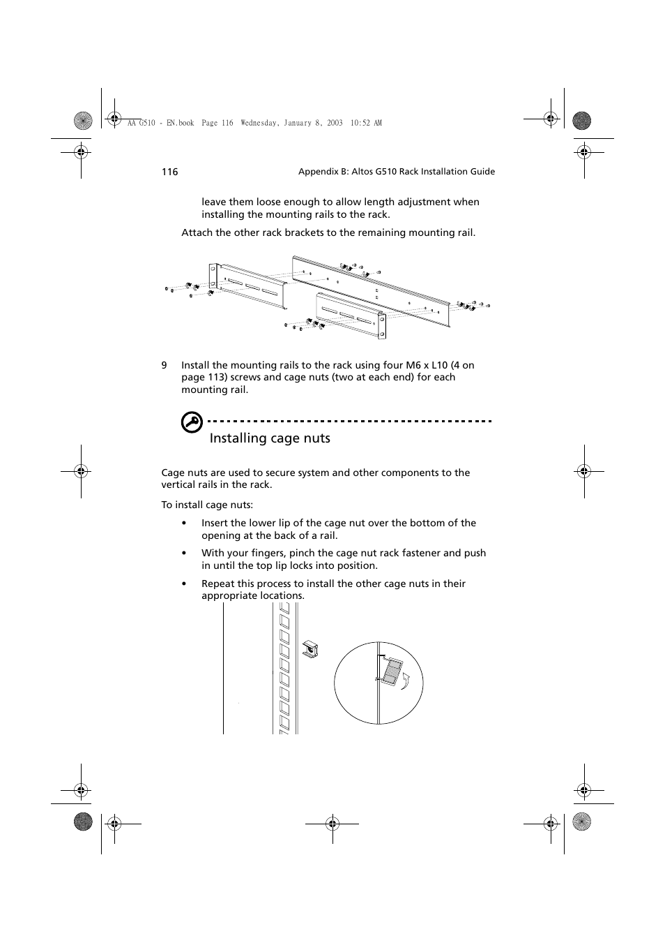 Installing cage nuts | Acer Altos G510 series User Manual | Page 126 / 134