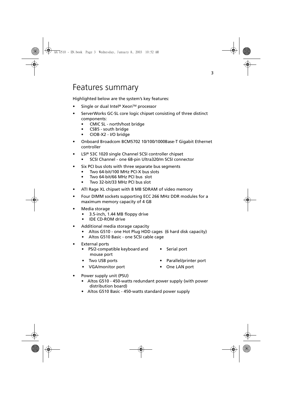 Features summary | Acer Altos G510 series User Manual | Page 13 / 134