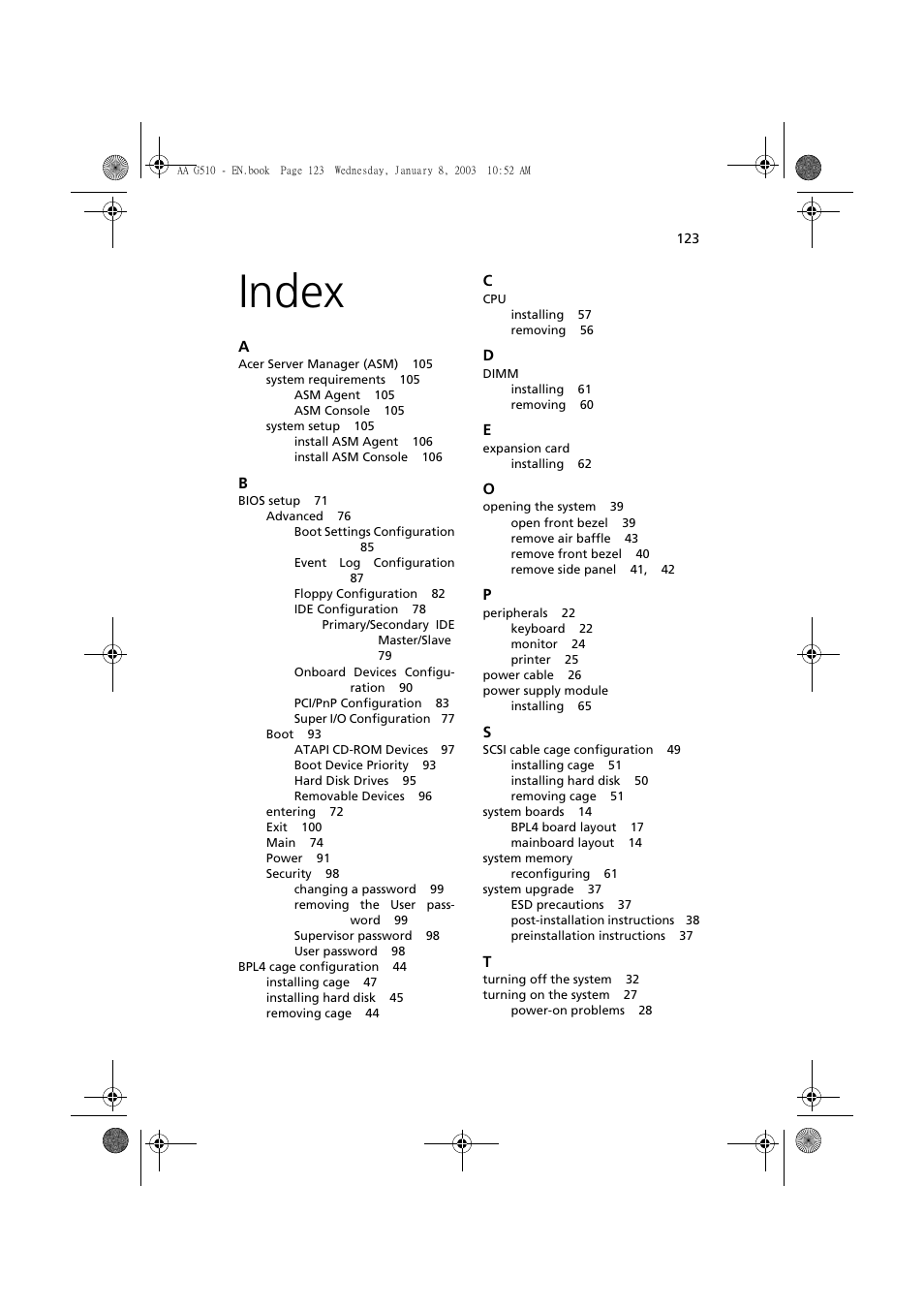 Index | Acer Altos G510 series User Manual | Page 133 / 134