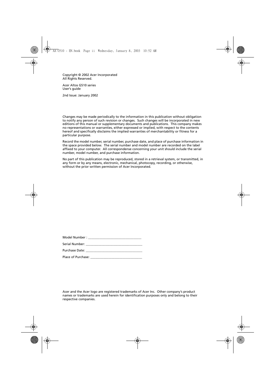 Acer Altos G510 series User Manual | Page 2 / 134