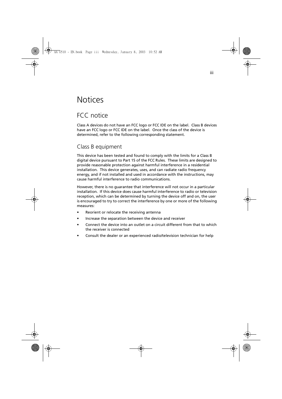 Notices, Fcc notice, Class b equipment | Acer Altos G510 series User Manual | Page 3 / 134