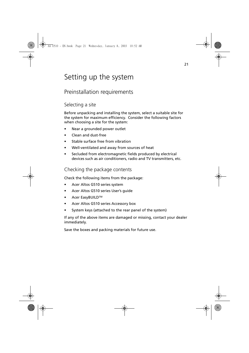 Setting up the system, Preinstallation requirements, Selecting a site | Checking the package contents | Acer Altos G510 series User Manual | Page 31 / 134