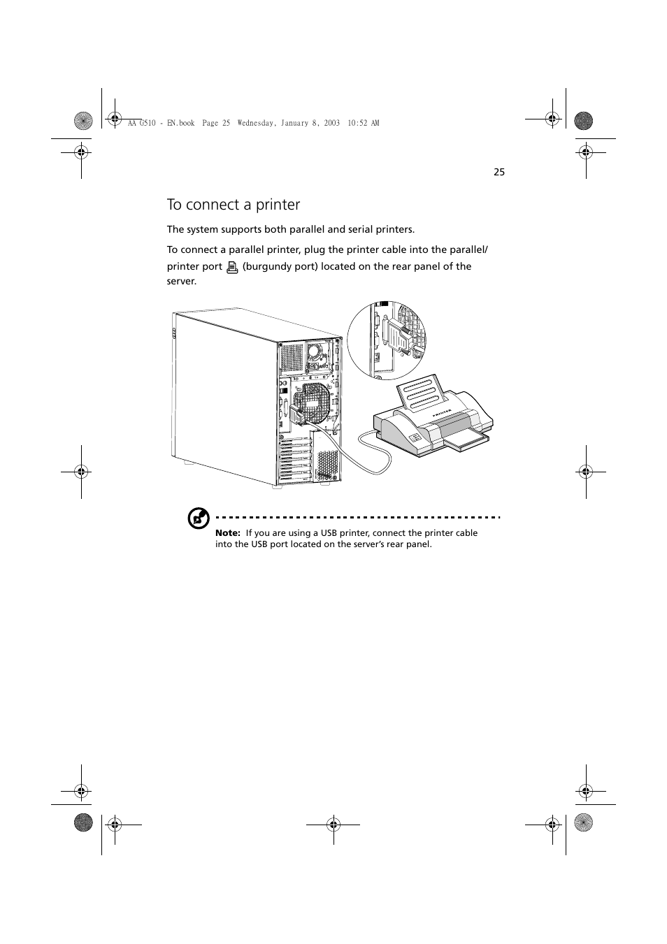 To connect a printer | Acer Altos G510 series User Manual | Page 35 / 134