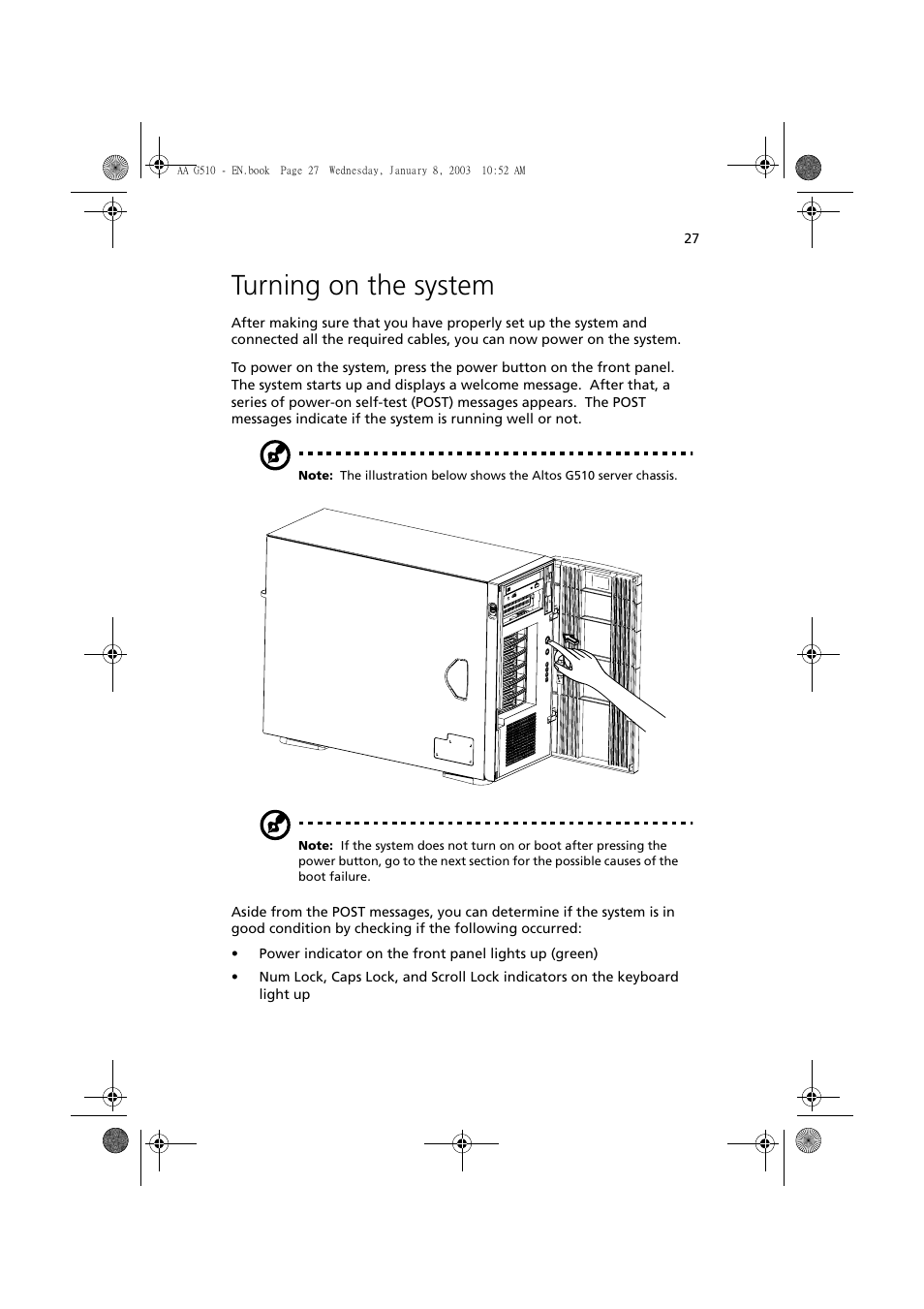 Turning on the system | Acer Altos G510 series User Manual | Page 37 / 134