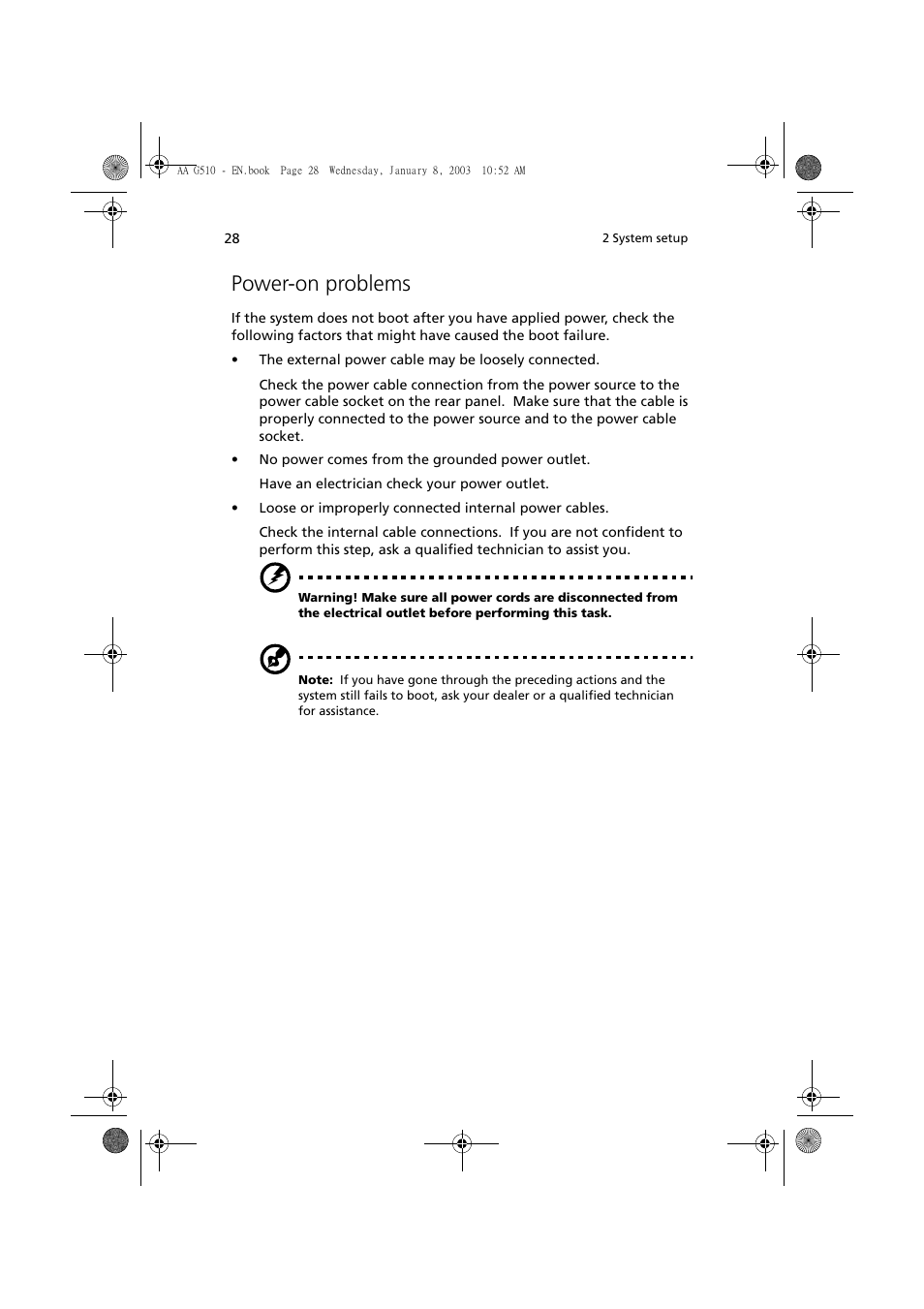 Power-on problems | Acer Altos G510 series User Manual | Page 38 / 134
