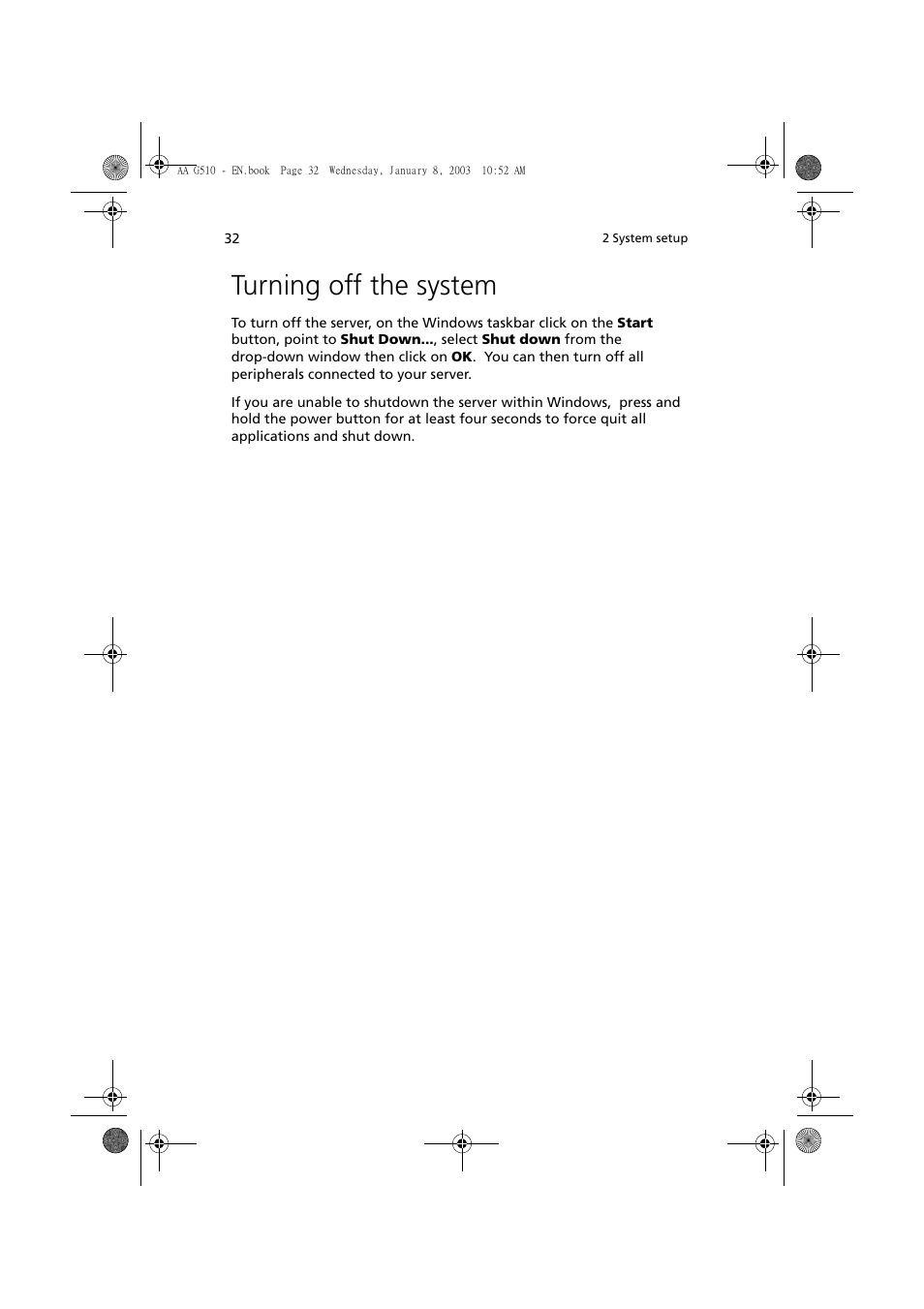 Turning off the system | Acer Altos G510 series User Manual | Page 42 / 134