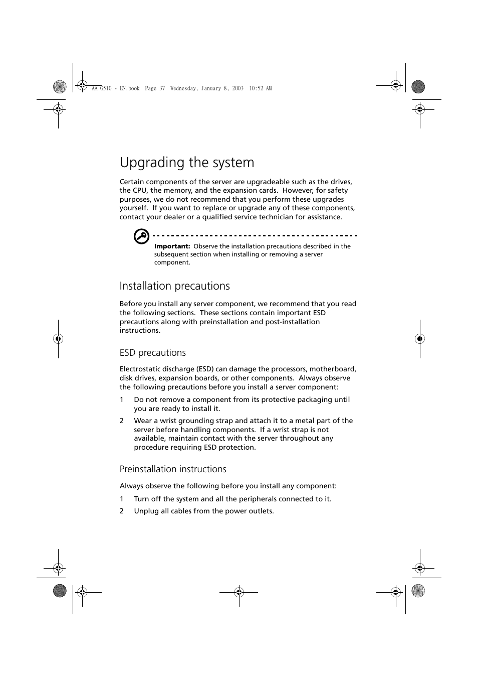 Upgrading the system, Installation precautions, Esd precautions | Preinstallation instructions | Acer Altos G510 series User Manual | Page 47 / 134